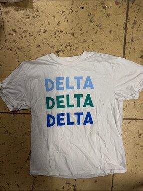 Tri Delta White Tee with Light Blue, Teal & Royal Blue Stacked Logo